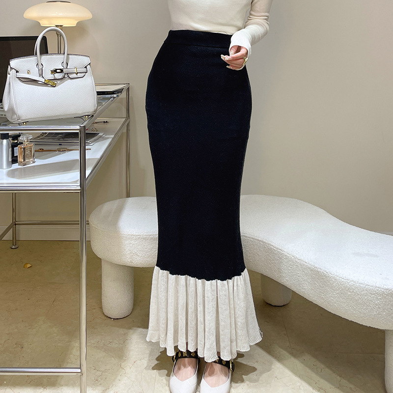 Elegant Black & White Ruffle Hem Skirt - Versatile Midi Length