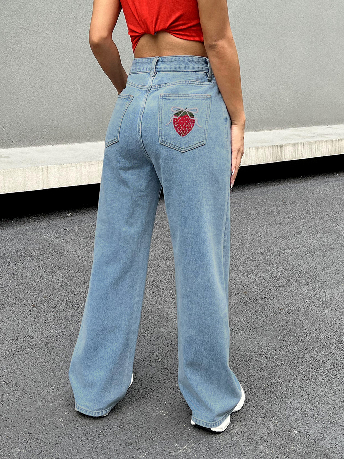 Strawberry Embroidered Cowboy Pants - Playful and Stylish Denim for Women