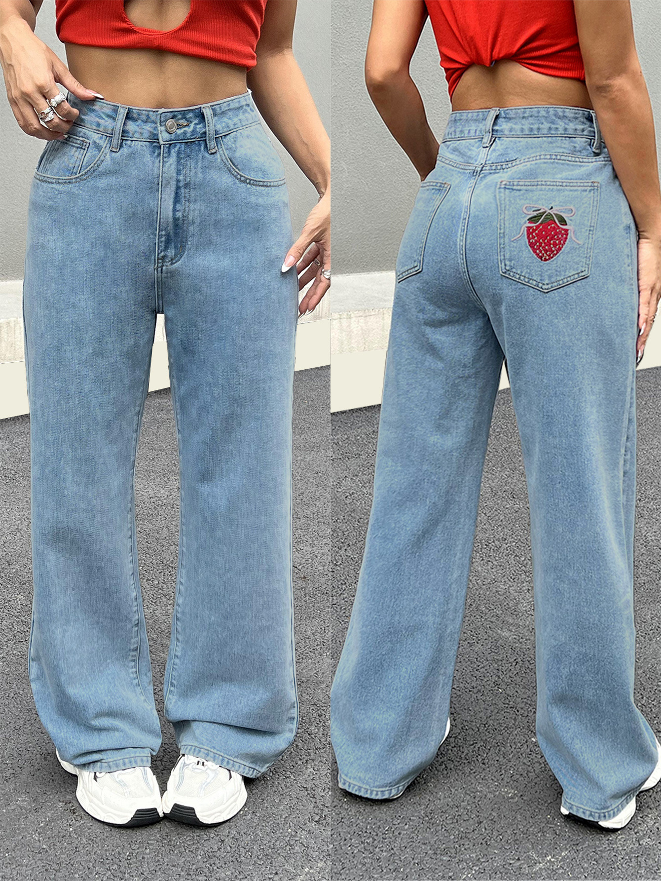 Strawberry Embroidered Cowboy Pants - Playful and Stylish Denim for Women 01