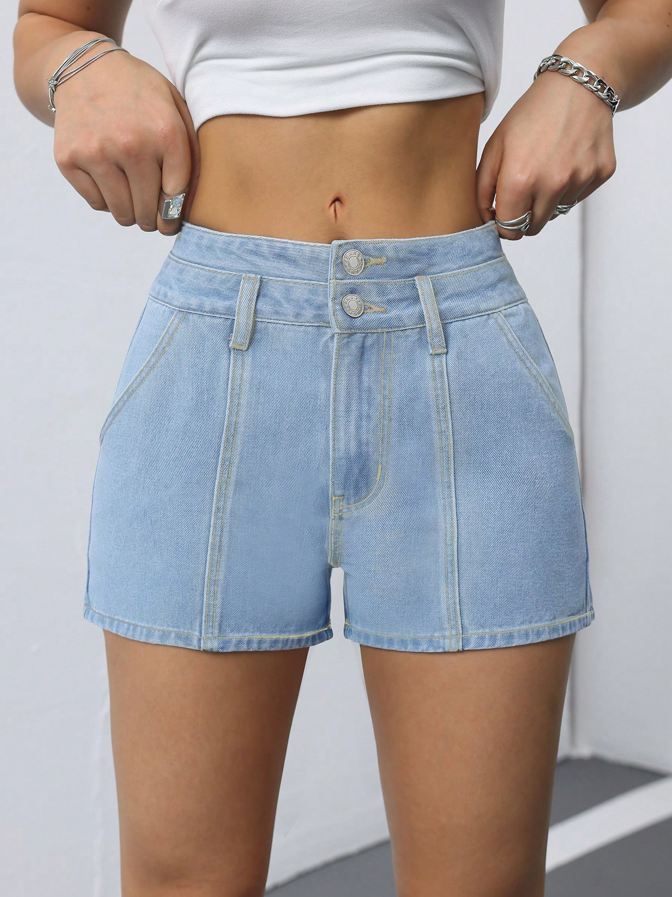 Double Waist Two Button Washed Light Blue Denim Shorts - Retro Style Casual Shorts for Women