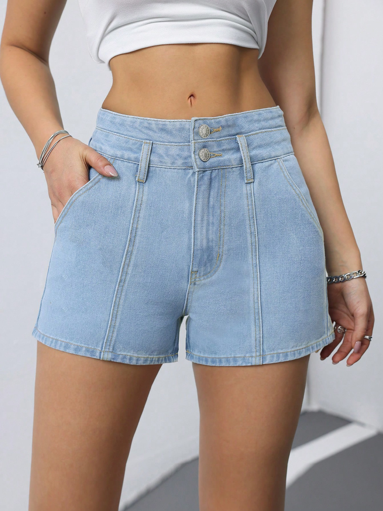 Double Waist Two Button Washed Light Blue Denim Shorts - Retro Style Casual Shorts for Women