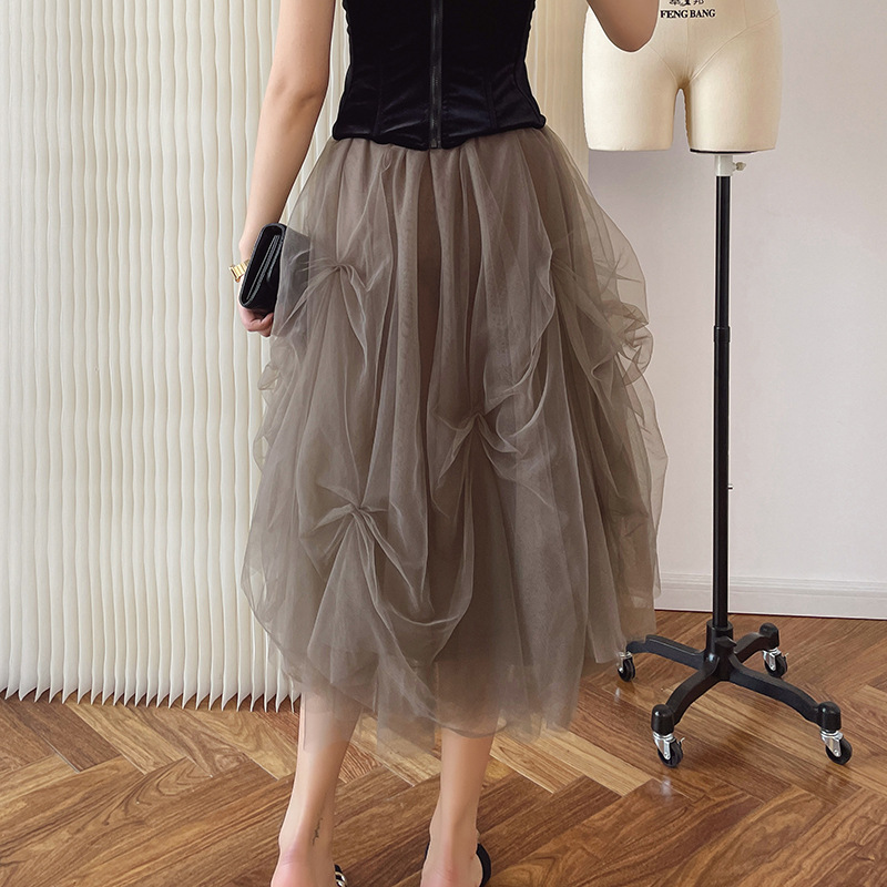 Elegant Gray Tulle Mesh Skirt - Layered Ruffles & Bow Details