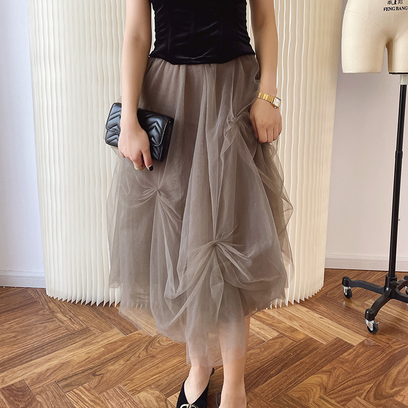 Elegant Gray Tulle Mesh Skirt - Layered Ruffles & Bow Details