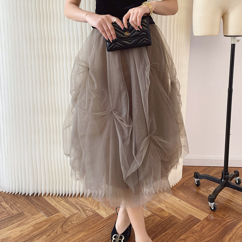 Elegant Gray Tulle Mesh Skirt - Layered Ruffles & Bow Details