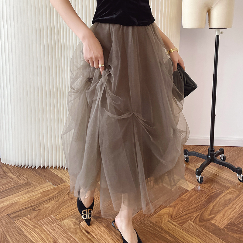 Elegant Gray Tulle Mesh Skirt - Layered Ruffles & Bow Details