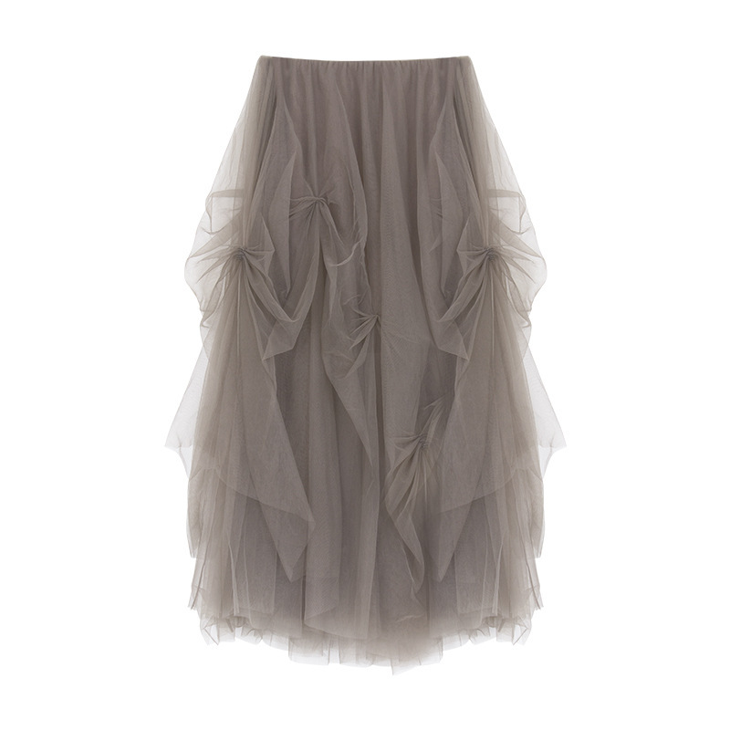 Elegant Gray Tulle Mesh Skirt - Layered Ruffles & Bow Details 01