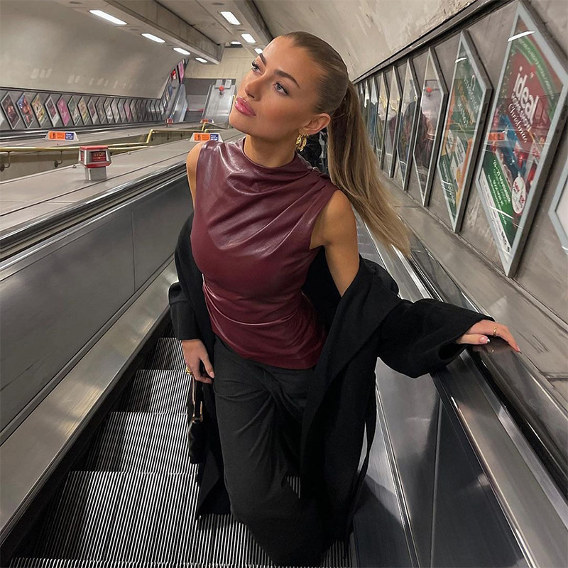 Women's Leather Stand Up Collar Personalized Waist Cinching Irregular Hem Jacket - Stylish and Unique Outerwear for Women 02