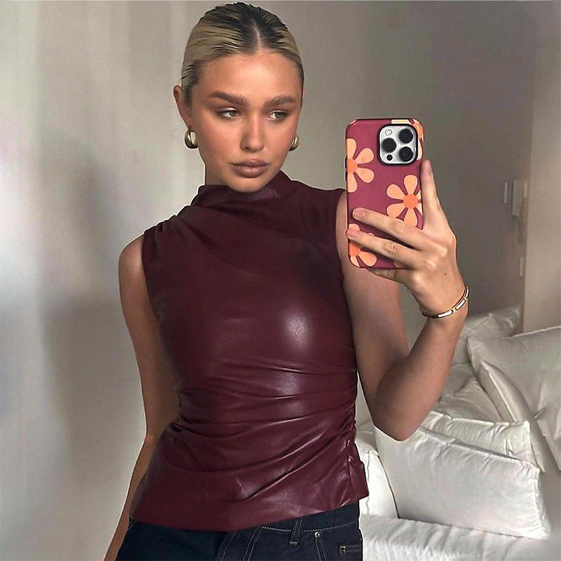 Women's Leather Stand Up Collar Personalized Waist Cinching Irregular Hem Jacket - Stylish and Unique Outerwear for Women