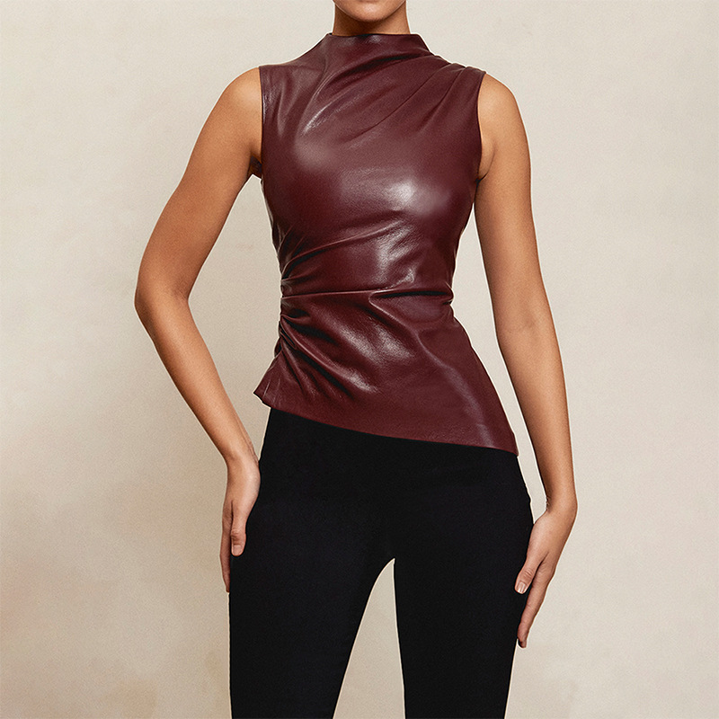Women's Leather Stand Up Collar Personalized Waist Cinching Irregular Hem Jacket - Stylish and Unique Outerwear for Women