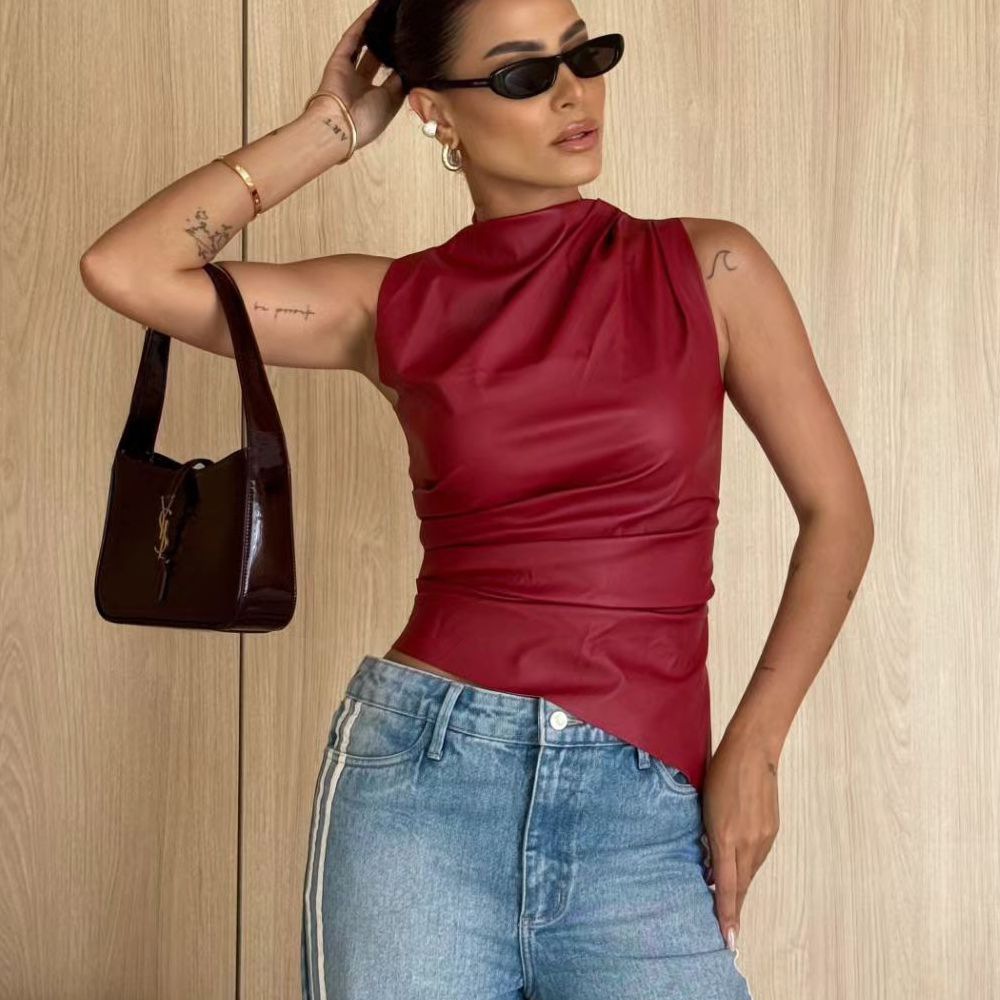 Women's Leather Stand Up Collar Personalized Waist Cinching Irregular Hem Jacket - Stylish and Unique Outerwear for Women