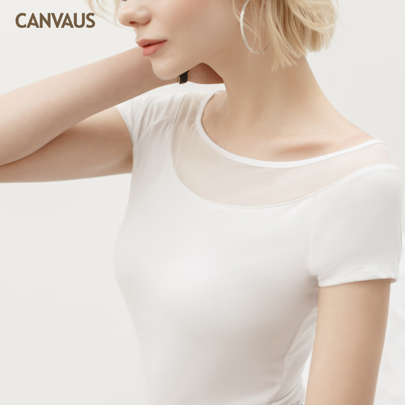 Elegant Women's Mesh Yoke Short-Sleeve T-Shirt