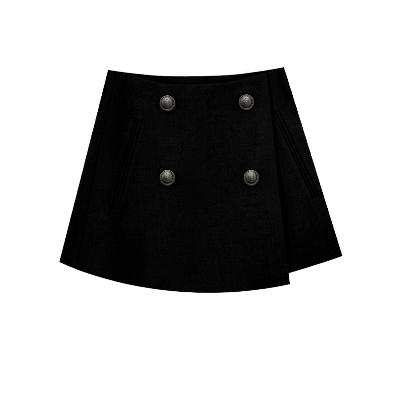 Elegant Black Double-Breasted Skirt - Versatile Waist-Length Design 01