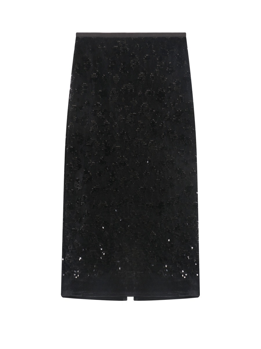 Elegant Black Sequined Midi Skirt - Versatile Sparkling Silhouette 01