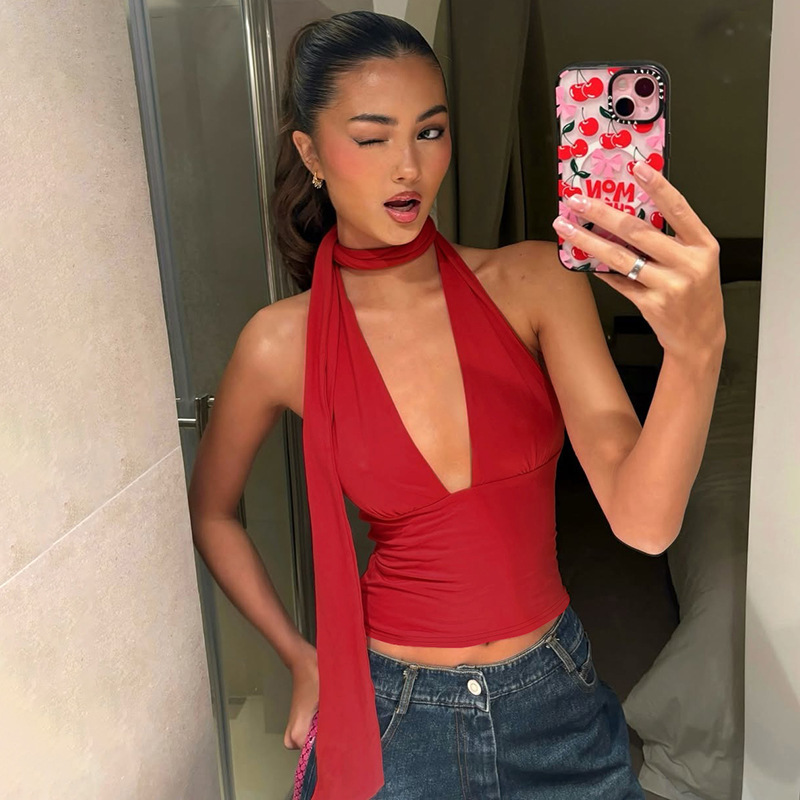 Solid Color Lace Up Sexy Sleeveless Backless Halter Top - Bold and Alluring Women's Top