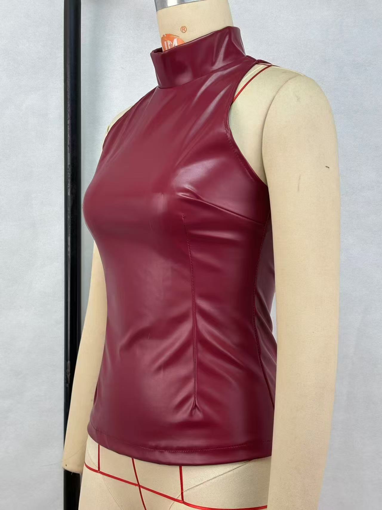 Solid Color PU Slim Fit And Slimming Half High Neck Sleeveless Vest - Stylish and Shapely Top for Women