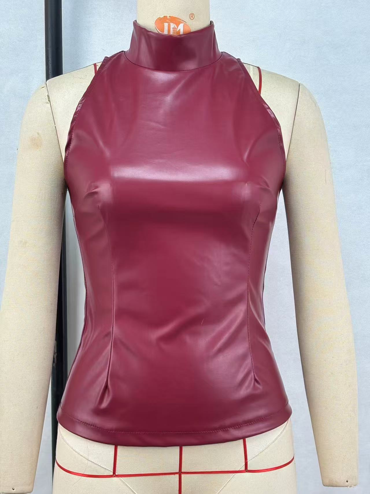 Solid Color PU Slim Fit And Slimming Half High Neck Sleeveless Vest - Stylish and Shapely Top for Women