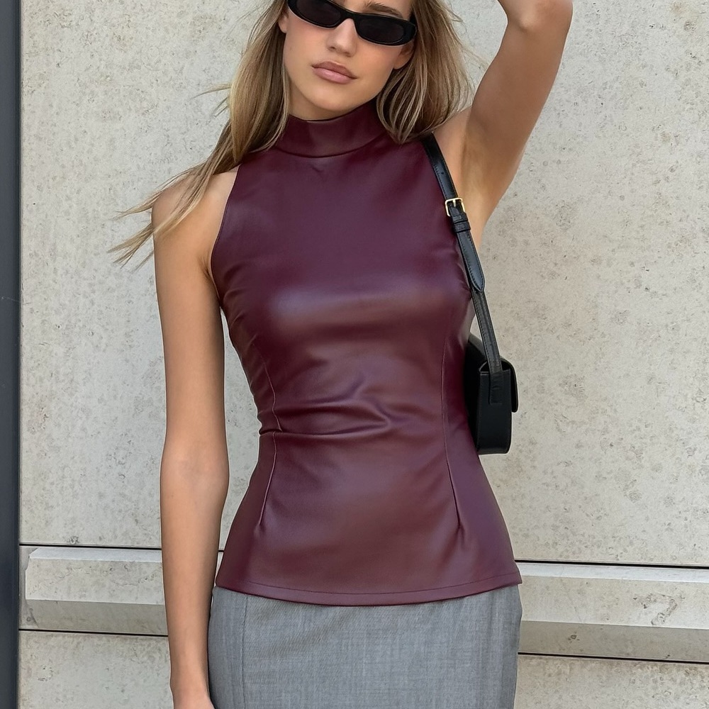 Solid Color PU Slim Fit And Slimming Half High Neck Sleeveless Vest - Stylish and Shapely Top for Women 02