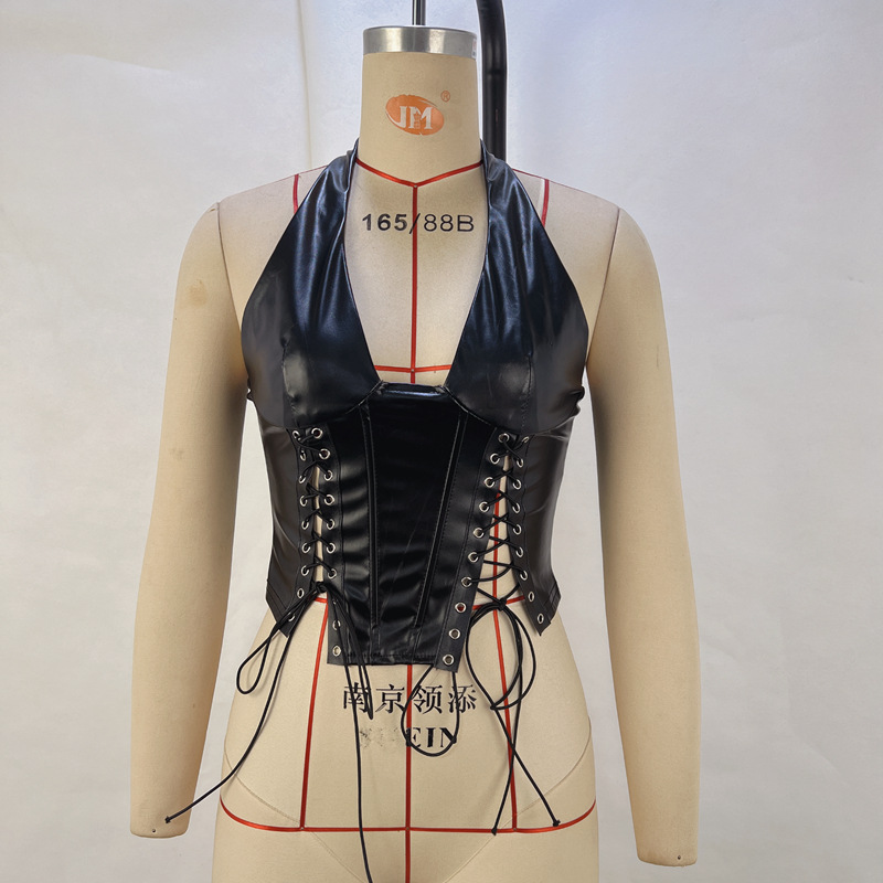Fashionable PU Neck Hanging Sexy Strap Tight Waist Vest - Stylish Women's Vest for Party or Daily Wear