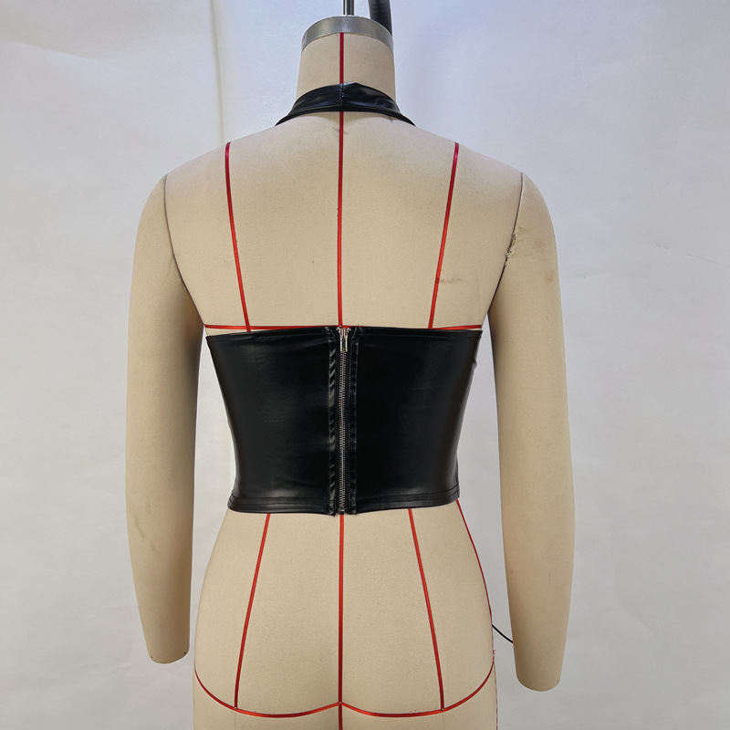 Fashionable PU Neck Hanging Sexy Strap Tight Waist Vest - Stylish Women's Vest for Party or Daily Wear