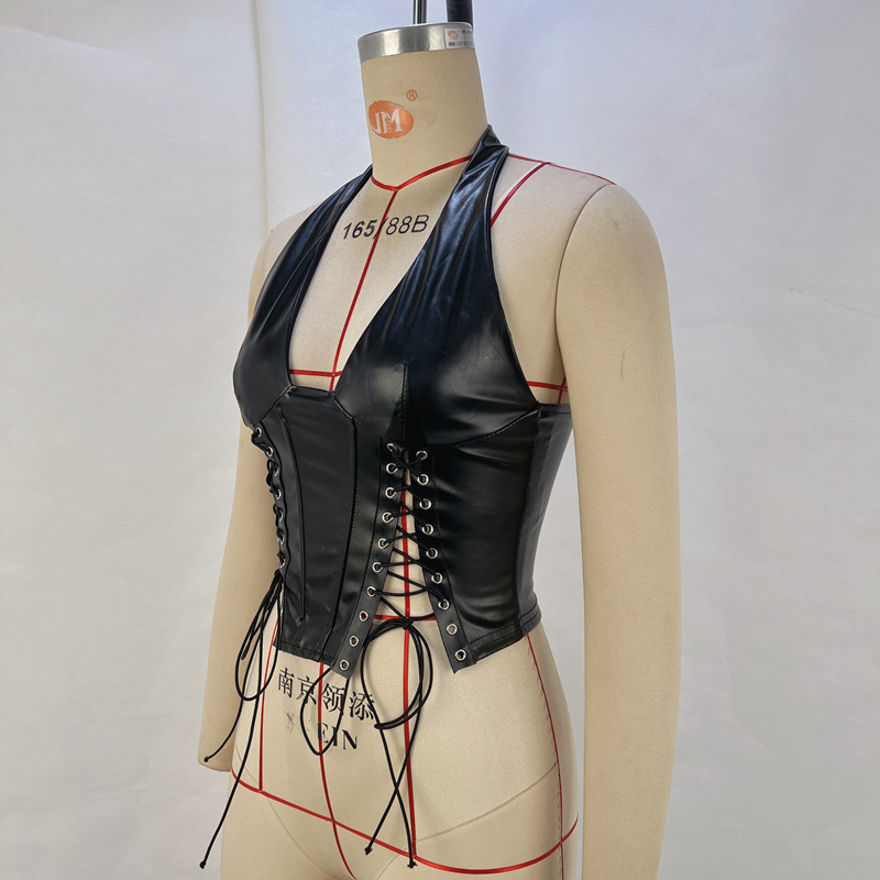 Fashionable PU Neck Hanging Sexy Strap Tight Waist Vest - Stylish Women's Vest for Party or Daily Wear