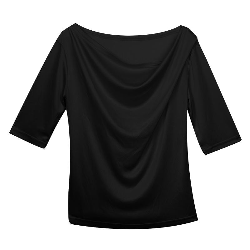 Elegant Black Draped Neckline T-Shirt with Mid-Length Sleeves 01