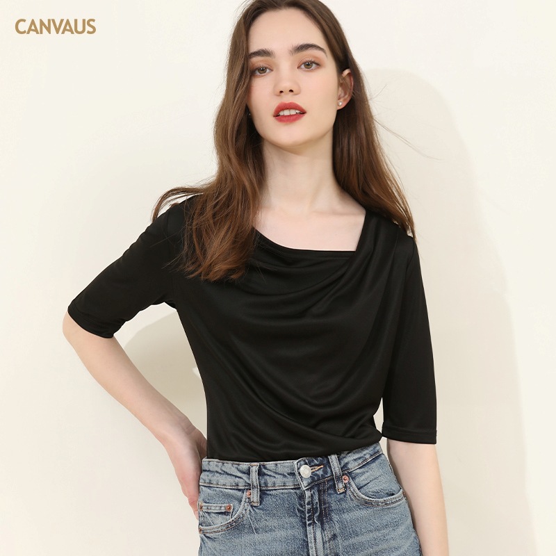Elegant Black Draped Neckline T-Shirt with Mid-Length Sleeves