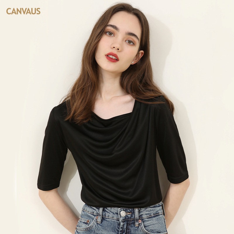 Elegant Black Draped Neckline T-Shirt with Mid-Length Sleeves