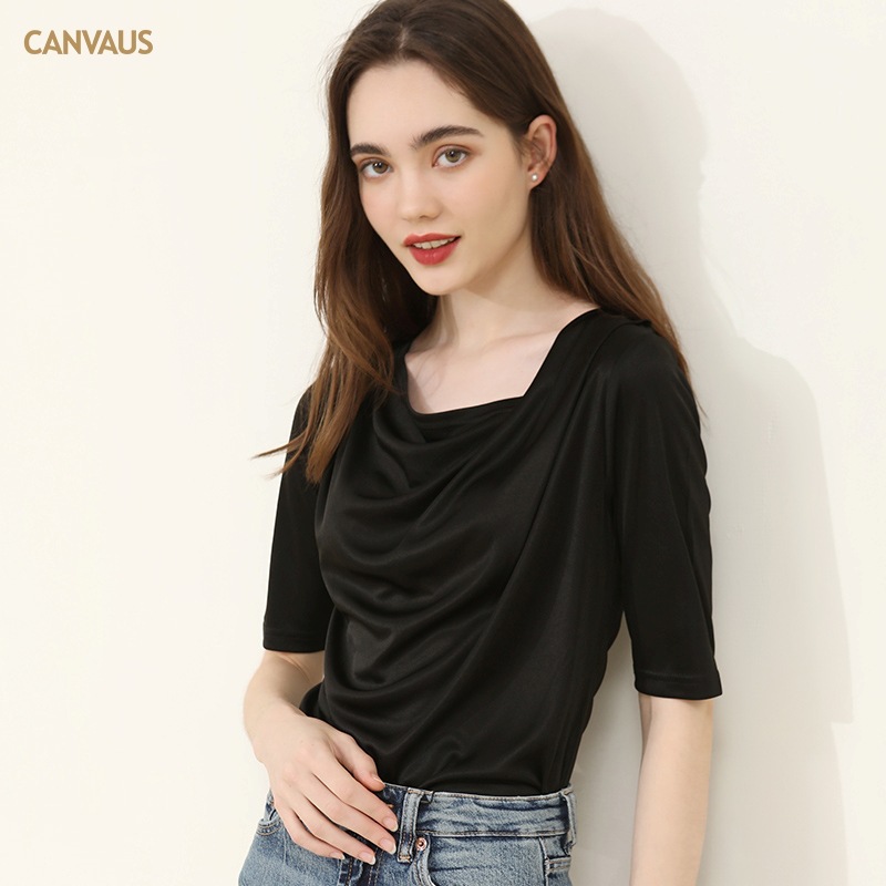 Elegant Black Draped Neckline T-Shirt with Mid-Length Sleeves