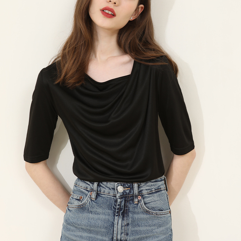 Elegant Black Draped Neckline T-Shirt with Mid-Length Sleeves