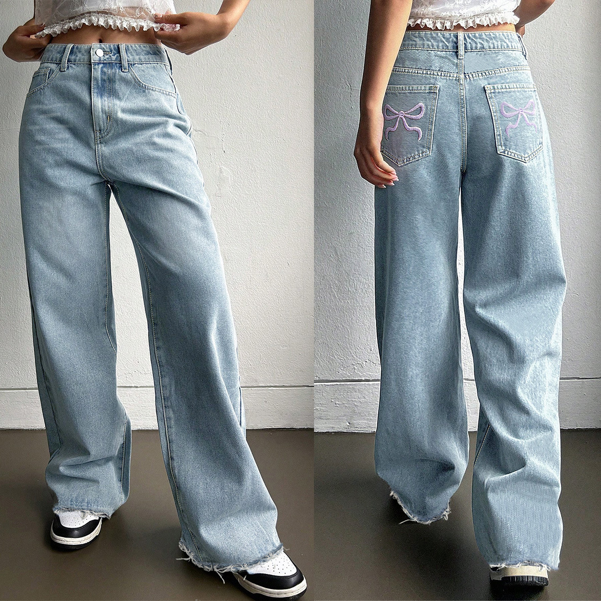 Bow Pocket Embroidered Jeans - Chic and Stylish Denim with Bow Detail for a Fashionable Look