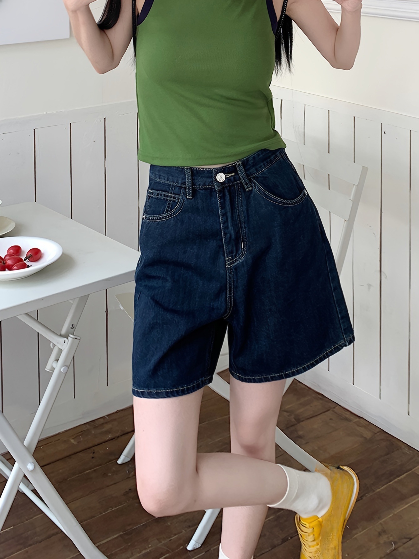 High - Waist Washed Straight Leg Denim Shorts - Stylish and Comfortable Shorts for Women