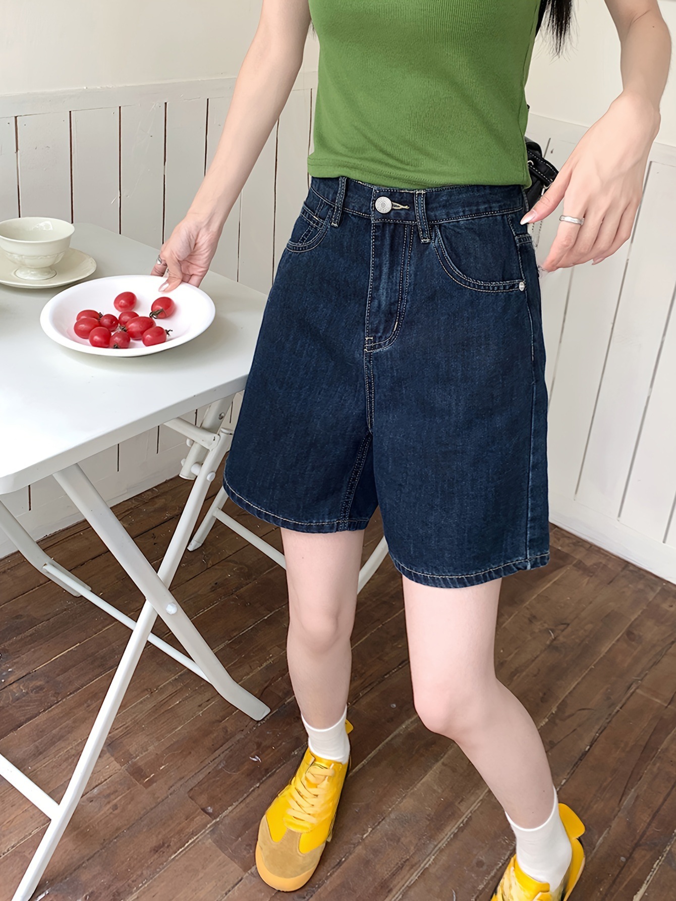 High - Waist Washed Straight Leg Denim Shorts - Stylish and Comfortable Shorts for Women