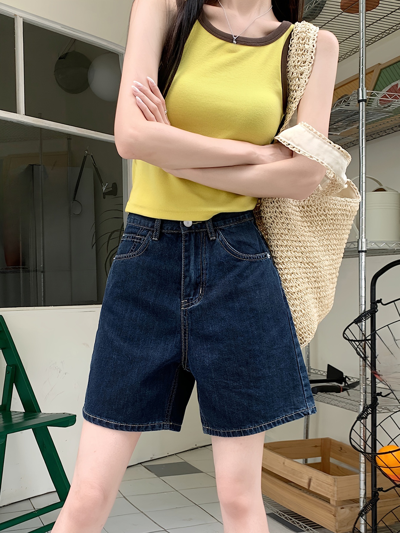 High - Waist Washed Straight Leg Denim Shorts - Stylish and Comfortable Shorts for Women