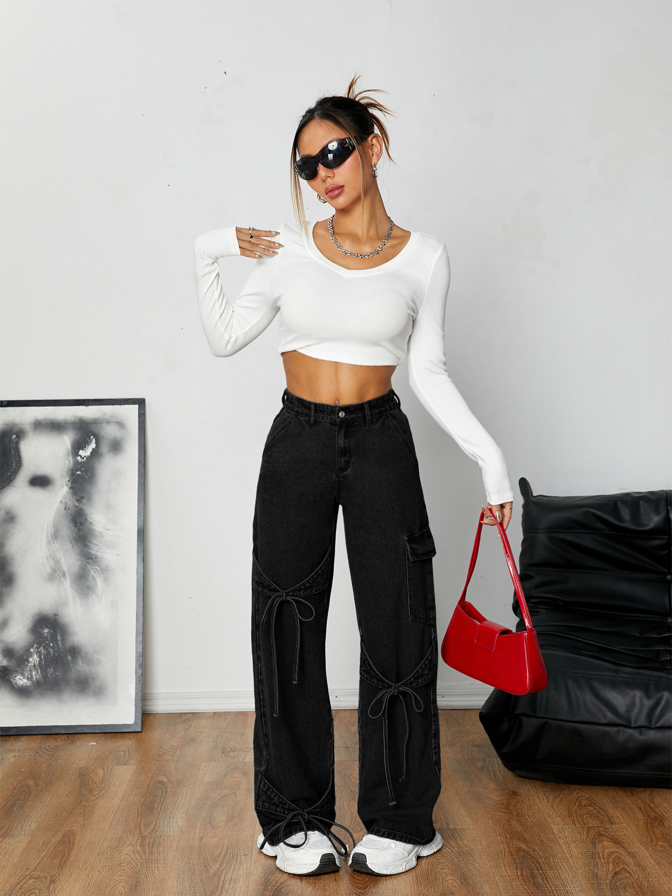 Bow Tie Tie Workwear Style Loose Straight Leg Denim Pants - Stylish and Professional Denim for Men