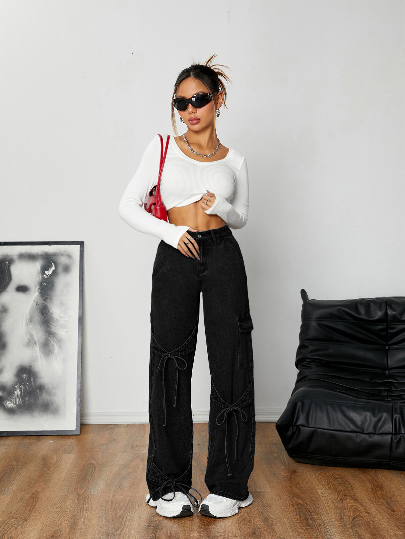 Bow Tie Tie Workwear Style Loose Straight Leg Denim Pants - Stylish and Professional Denim for Men