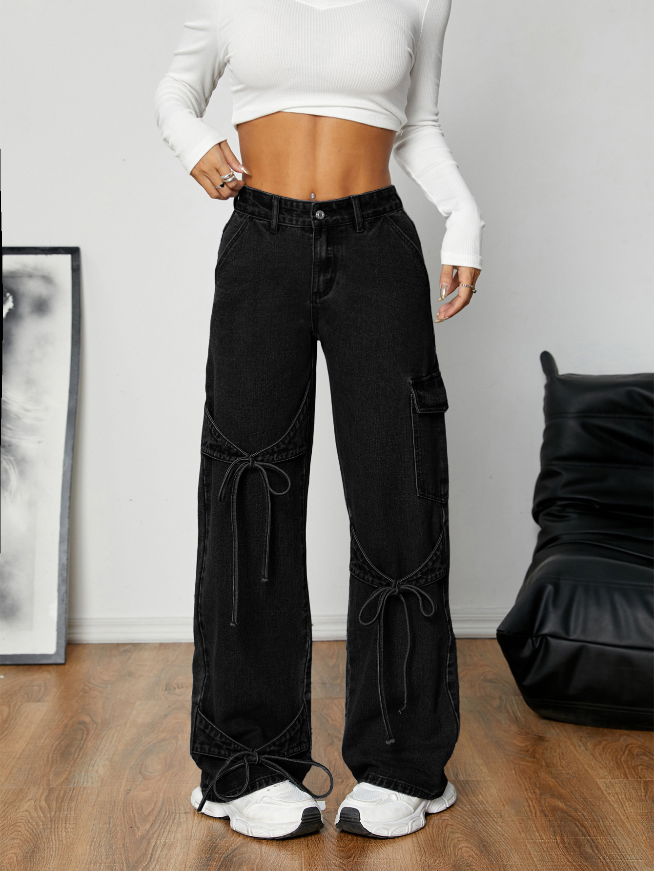 Bow Tie Tie Workwear Style Loose Straight Leg Denim Pants - Stylish and Professional Denim for Men