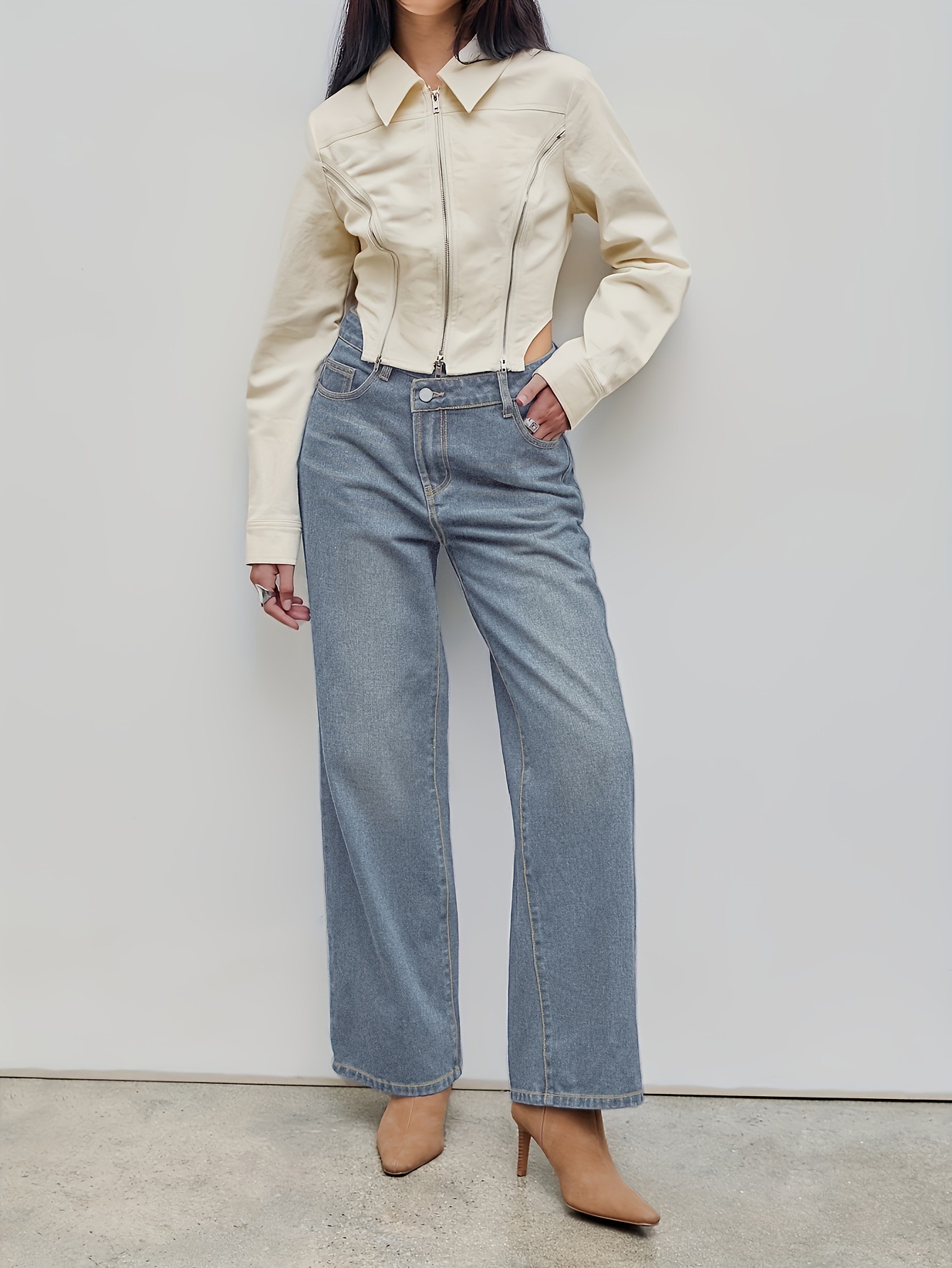 Grey Blue Cow Slimming Straight Leg Loose Diagonal Jeans - Stylish and Comfortable Denim for Women 01