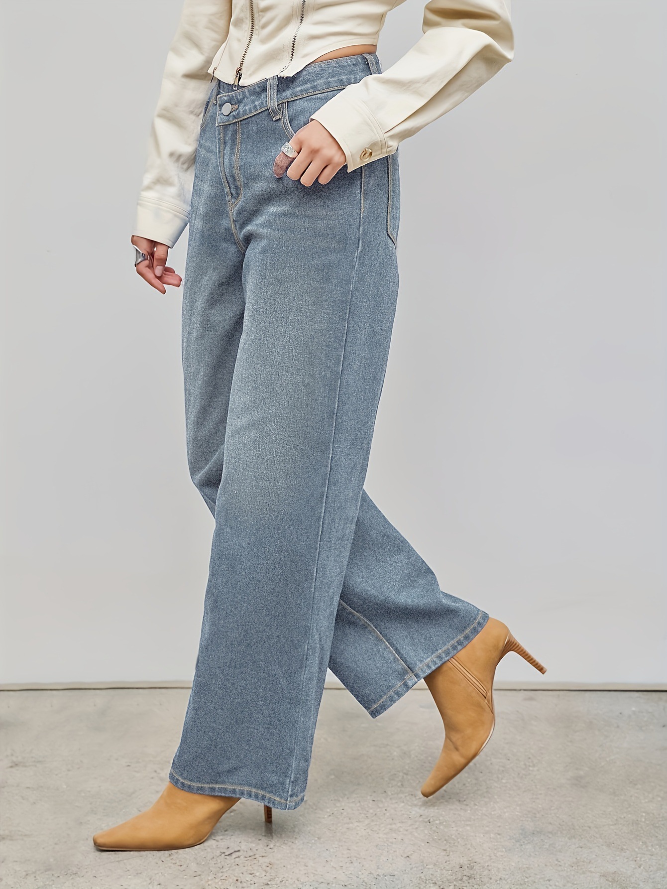 Grey Blue Cow Slimming Straight Leg Loose Diagonal Jeans - Stylish and Comfortable Denim for Women 02