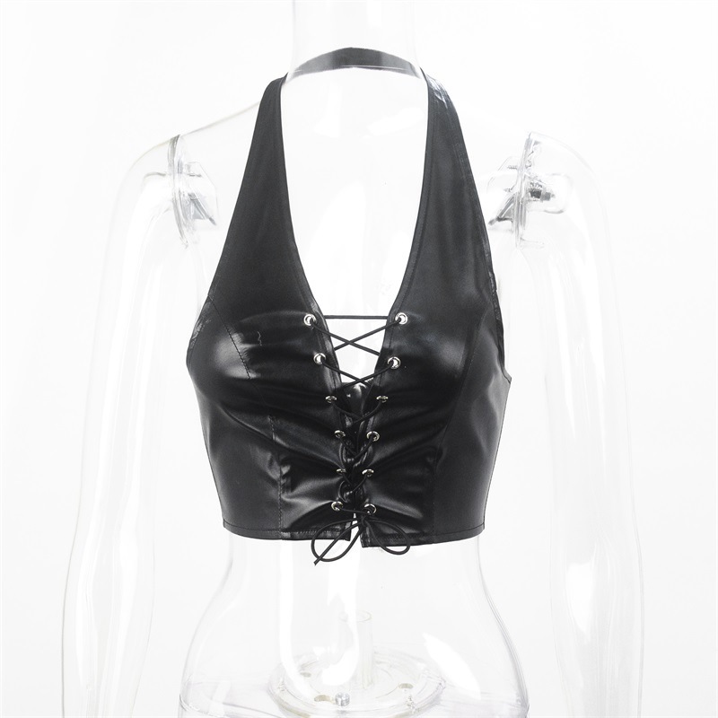 Hanging Neck Sexy Backless Lace Up Short PU Vest - Fashionable and Alluring Top for Women