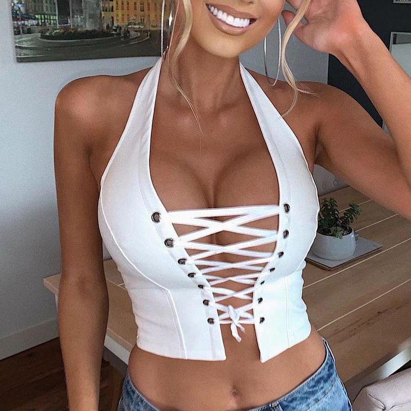 Hanging Neck Sexy Backless Lace Up Short PU Vest - Fashionable and Alluring Top for Women 01