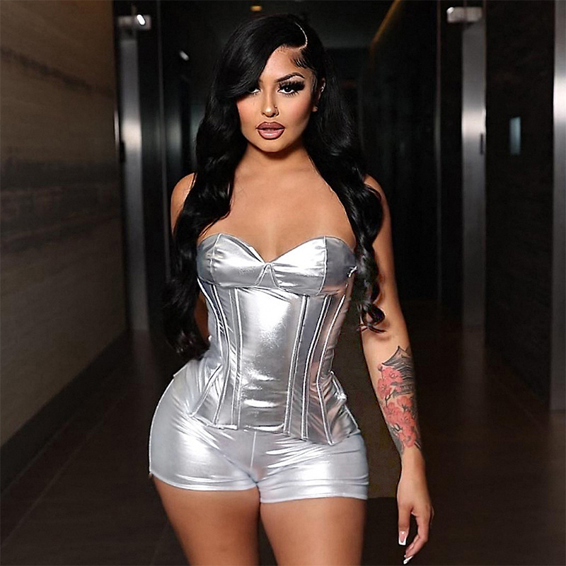 Imitation Leather Metallic Shaping And Strapless Casual Shorts Set - Fashionable and Sexy Outfit for Women