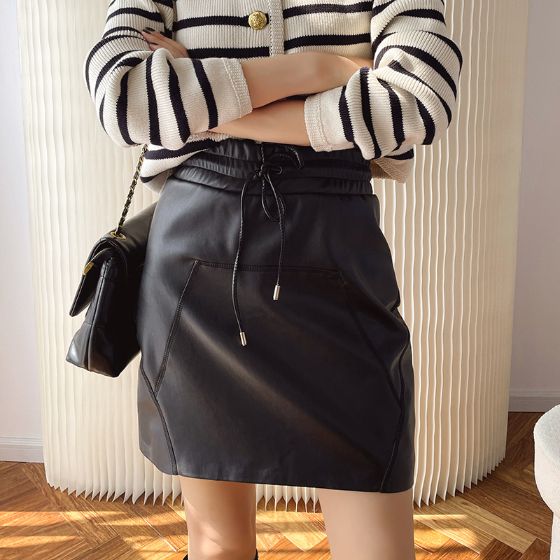 Women's Elastic Waist PU Leather Skirt with Drawstring Detail