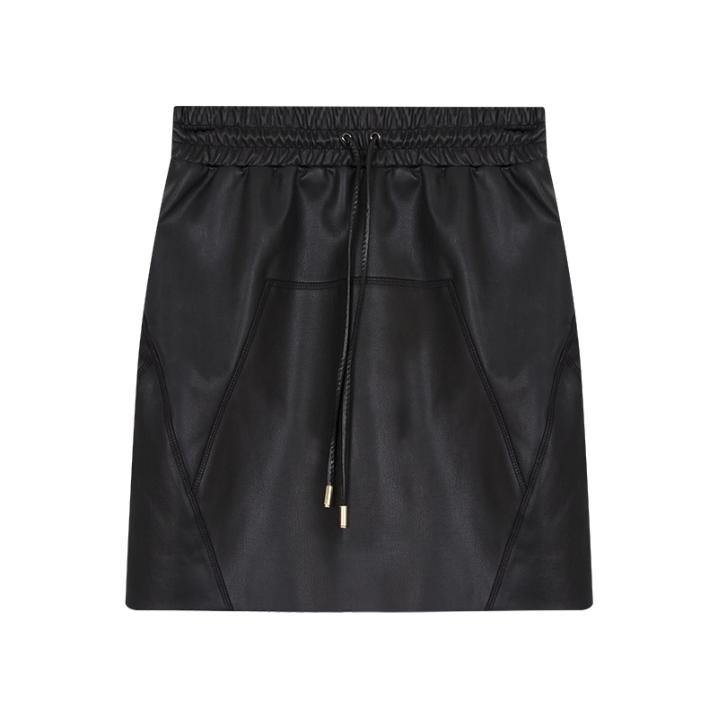 Women's Elastic Waist PU Leather Skirt with Drawstring Detail 01