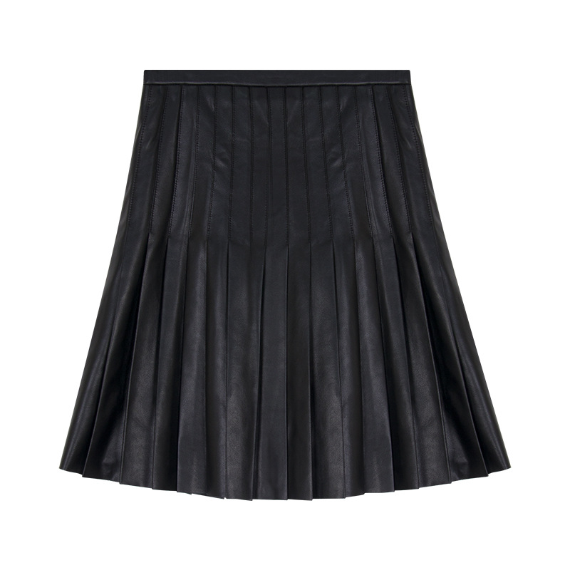 Black Pleated Leather Skirt - Versatile Style 01