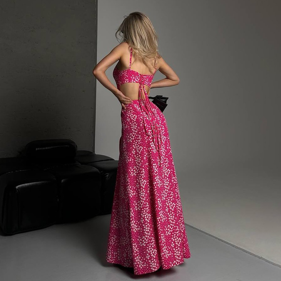 High Slit Strapless Flowery Dress