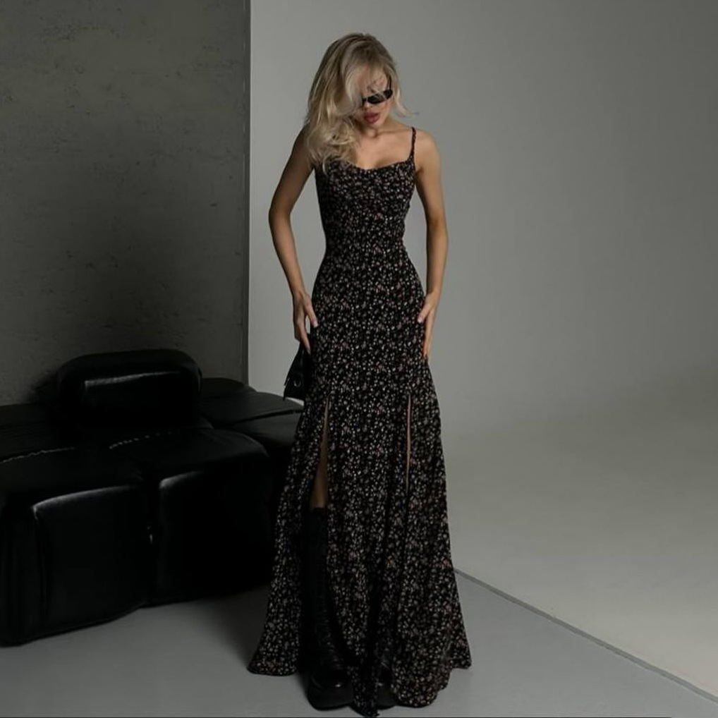 High Slit Strapless Flowery Dress