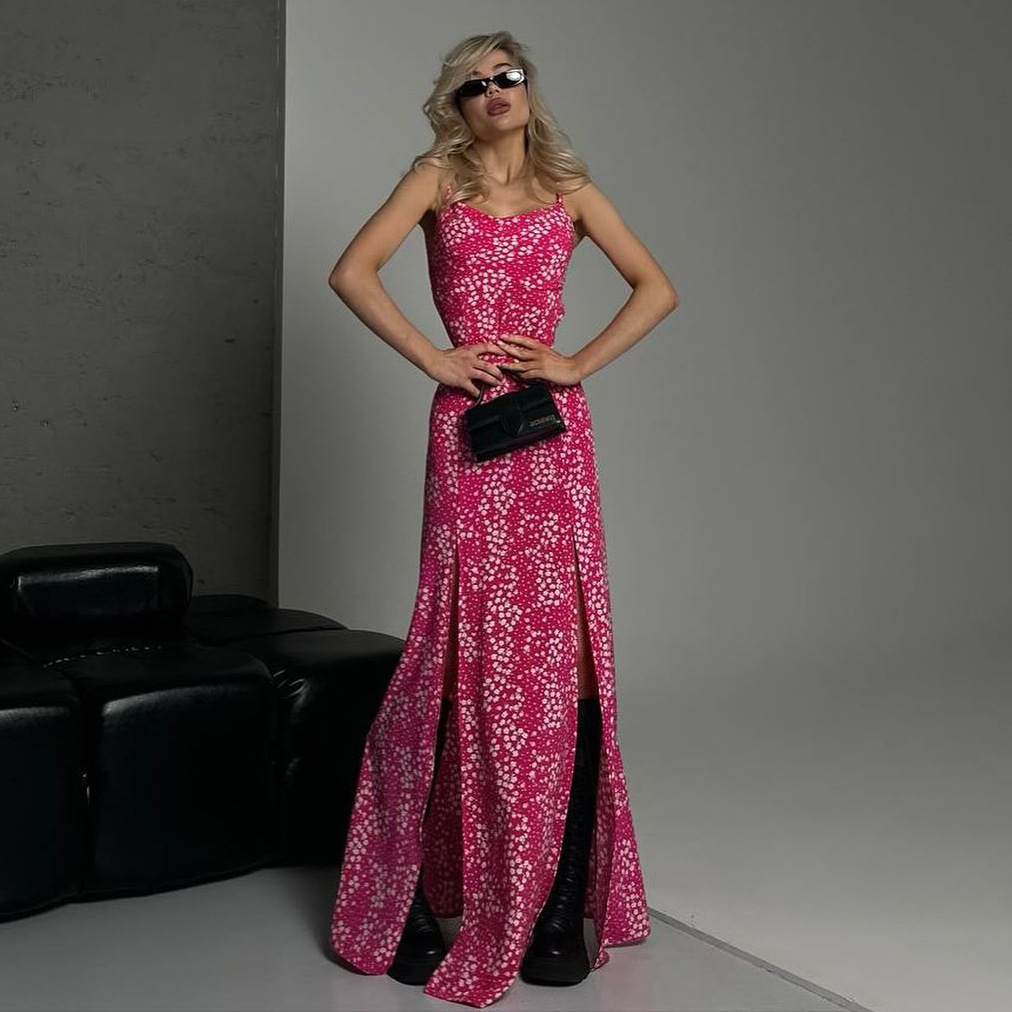 High Slit Strapless Flowery Dress