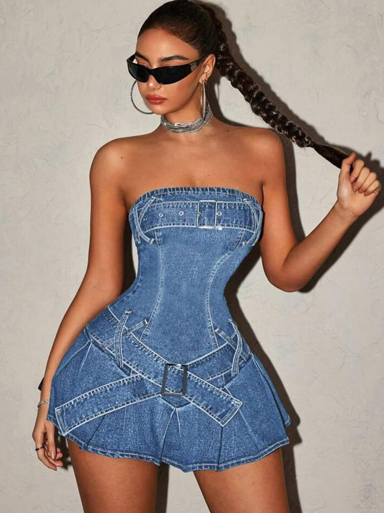 Metal Buckle Strapless Crop Top with High-Waisted Pleated Denim Skirt