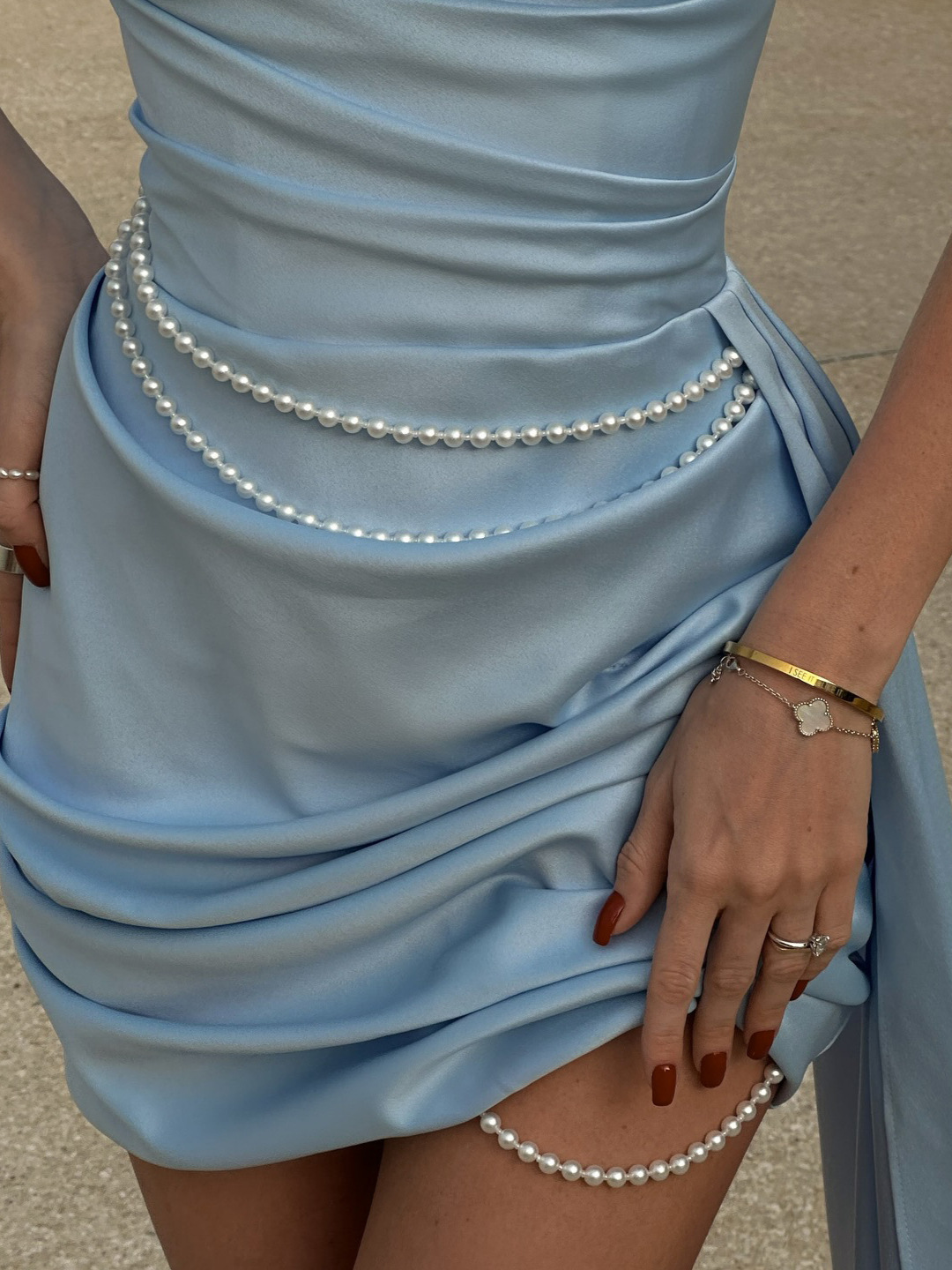 Pearl Embellished Ruffled Strapless Dress with Waist Cinching