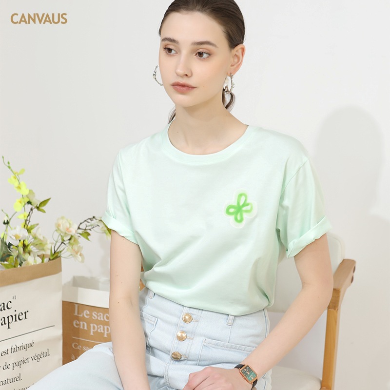 Soft Mint Green T-Shirt with Embroidered Floral Design